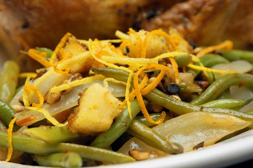 Braised Green Beans with Roasted Onions, Pine Nuts and Herbs