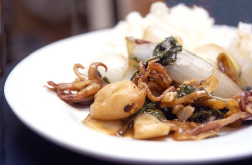 Calamari with Thai Basil, Onions and Ginger