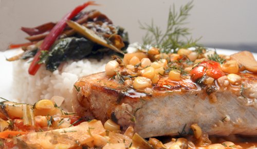 Seared Swordfish Steaks with Veggies and Broth