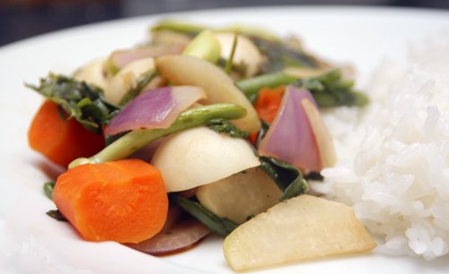 Vegetable Medley Stir-Fry, with Baby Turnips, Kohlrabi, Carrots and Onions
